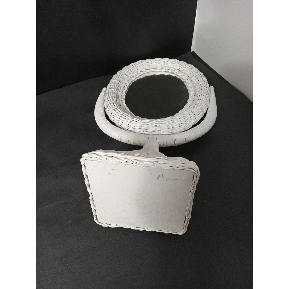 Vintage White Wicker Rattan Tabletop Oval Swivel Vanity Mirror Boho Shabby Chic